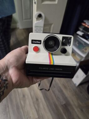 Polaroid OneStep Land Camera - White with Rainbow Stripe